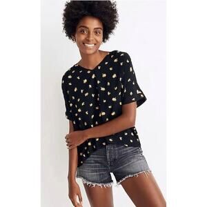 Madewell Hi-Low V-Neck Button-Back Blouse Black Daisy Print Size M